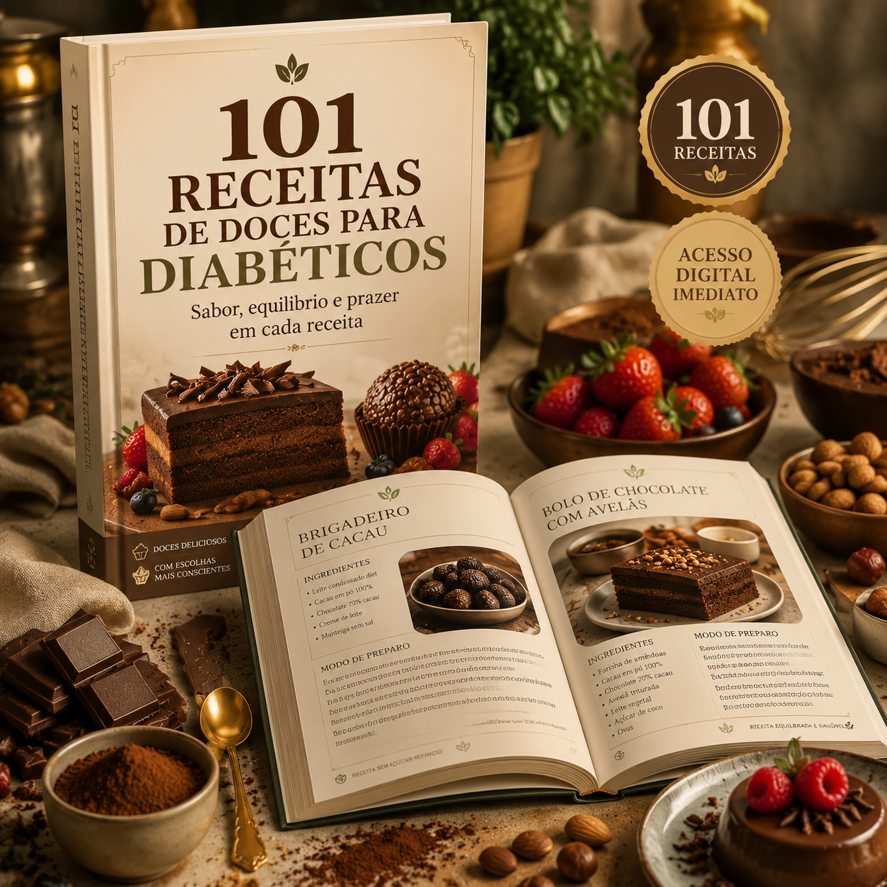 Mockup do ebook 101 Receitas de Doces para Diabéticos com capa e páginas abertas